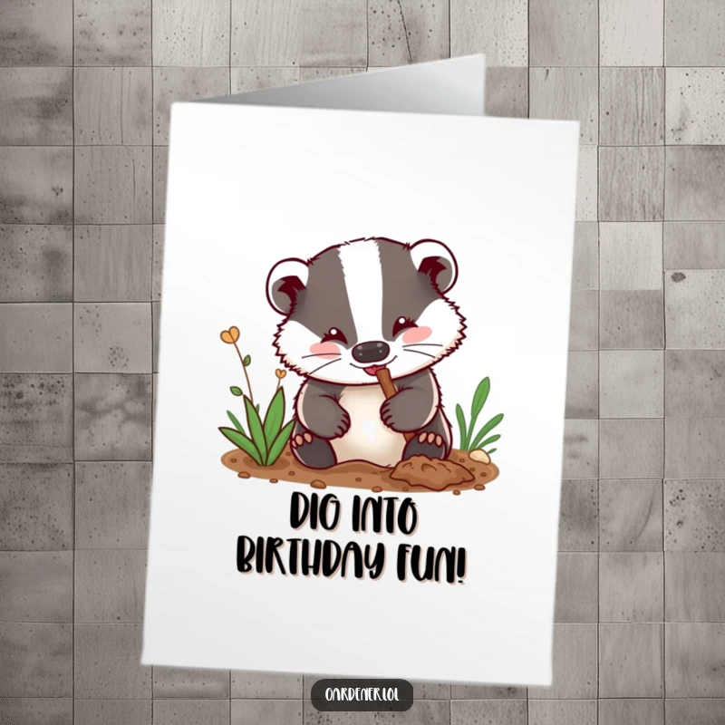 Funny Free Printable Birthday Card: A delighted badger gardener enthusiastically digs with dirt smudges, celebrating a birthday with gusto.
