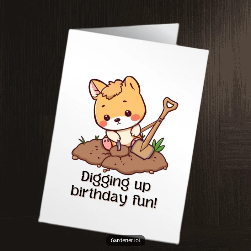 Funny Free Printable Birthday Card: A playful animal character enthusiastically digs in the dirt with a tiny shovel.