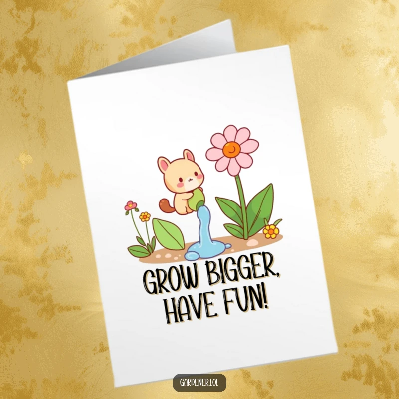 Funny Free Printable Animal Birthday Card: Small character joyfully watering a comically giant flower for a birthday.