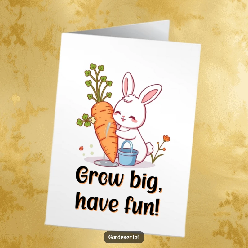 Funny Free Printable Birthday Card: A cute bunny happily waters a giant carrot, symbolizing birthday growth.