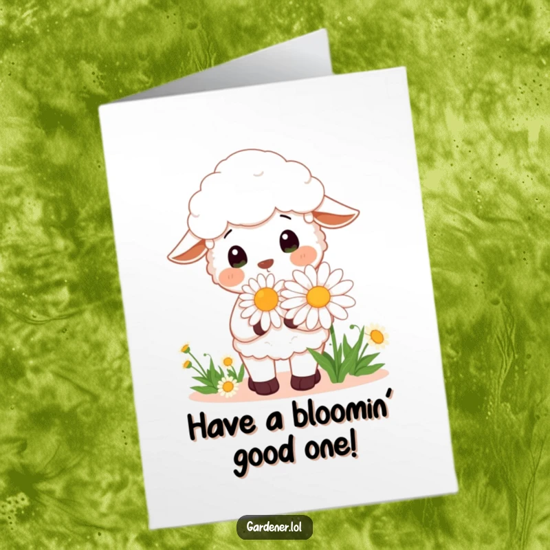 Funny Free Printable Birthday Card: Cheerful Kawaii Sheep gardener enjoying a giant daisy, a delightful DIY gift.
