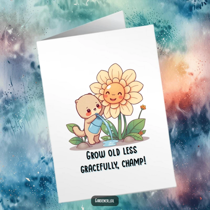 Funny Free Printable Birthday Card featuring a cute animal character joyfully watering a giant, smiling flower.