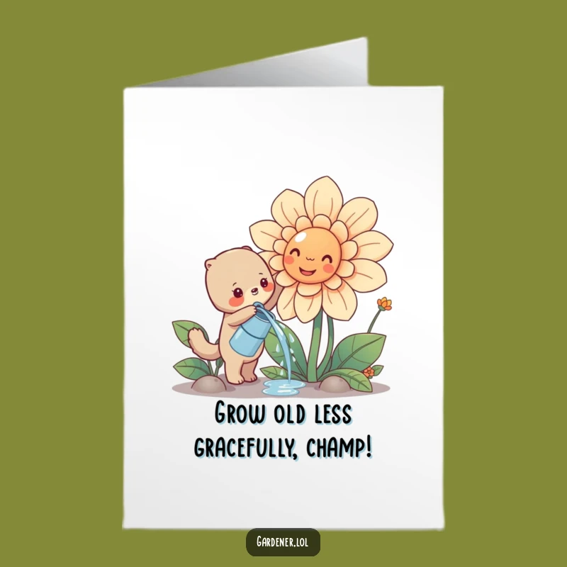 Free Printable Birthday Card: Cute Animal Watering Flower Funny Downloadable Gift