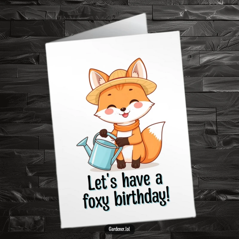 Funny Free Printable Birthday Card: A smiling fox in a straw hat waters plants, ready for a fun birthday celebration.