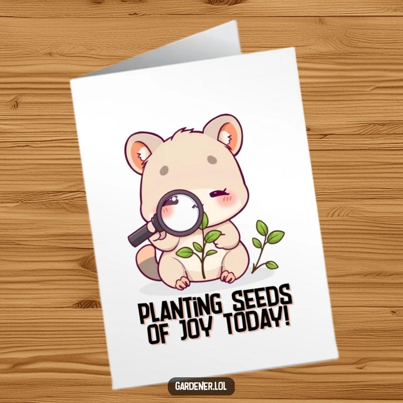 Funny Free Printable Birthday Card: Cute animal with magnifying glass inspecting a tiny plant with intense curiosity.