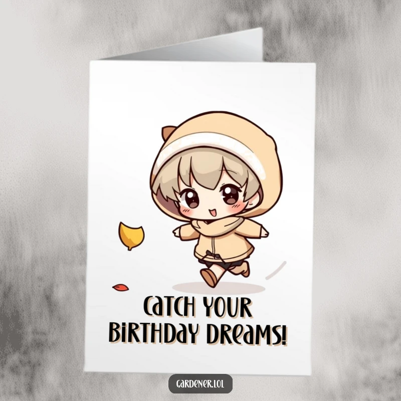 Funny Free Printable Birthday Card: Character determinedly chases a falling autumn leaf. Whimsical downloadable art for birthdays.