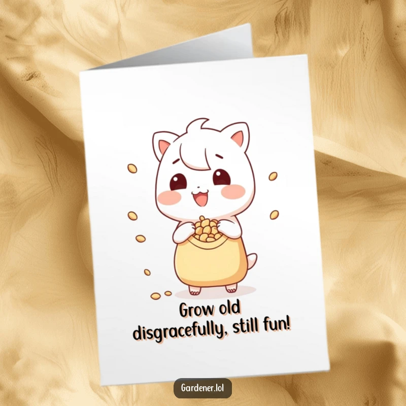 Funny Free Printable Birthday Card featuring a grinning character playfully scattering seeds from a tiny pouch for a joyful garden.