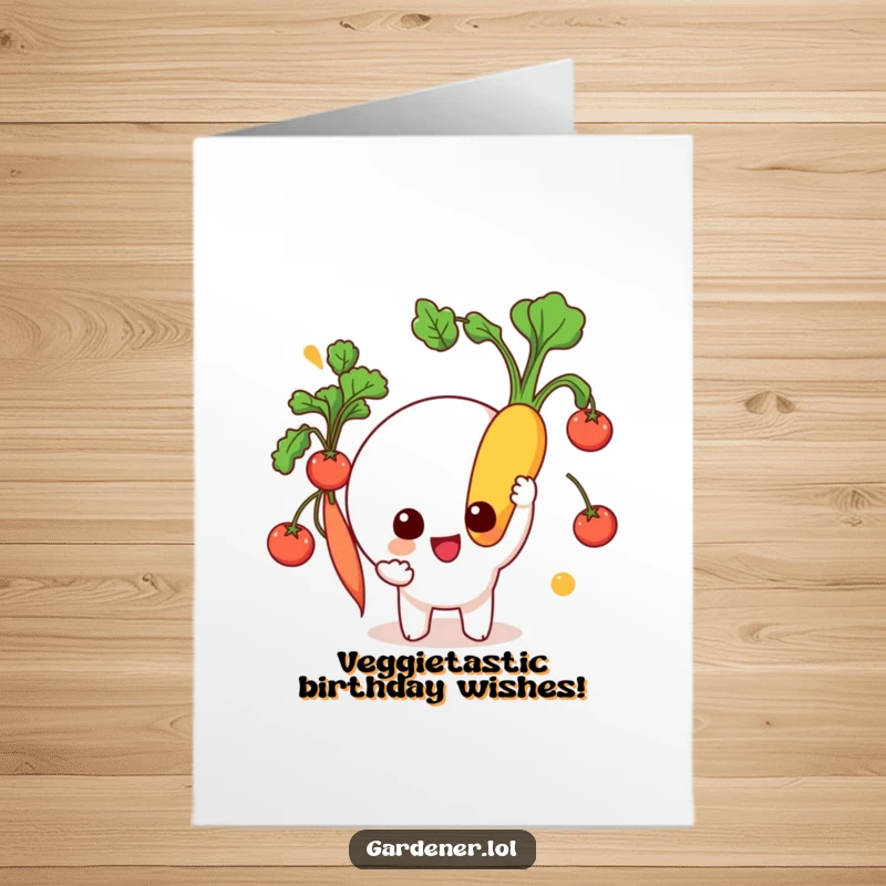 Funny Free Printable Birthday Card featuring a beaming character holding a giant, fresh vegetable. Perfect DIY humorous downloadable gift.