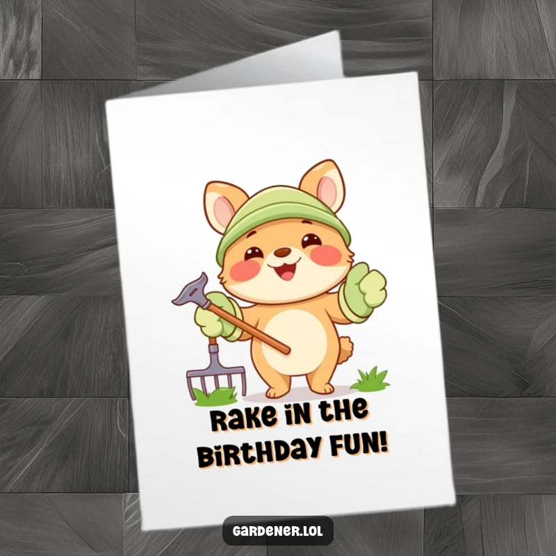 Funny Free Printable Birthday Card: A happy animal in giant gloves holds a rake, ready for garden party fun.