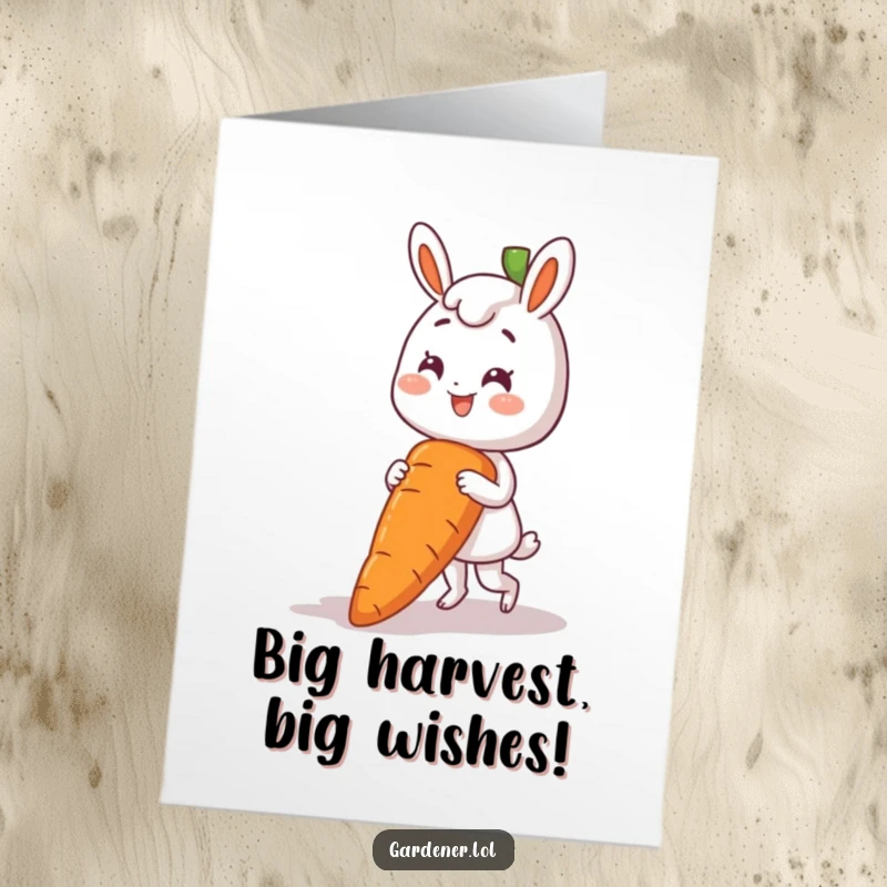 Funny Free Printable Birthday Card: Smiling character struggles to pull an enormous carrot from the ground, celebrating a massive birthday haul.