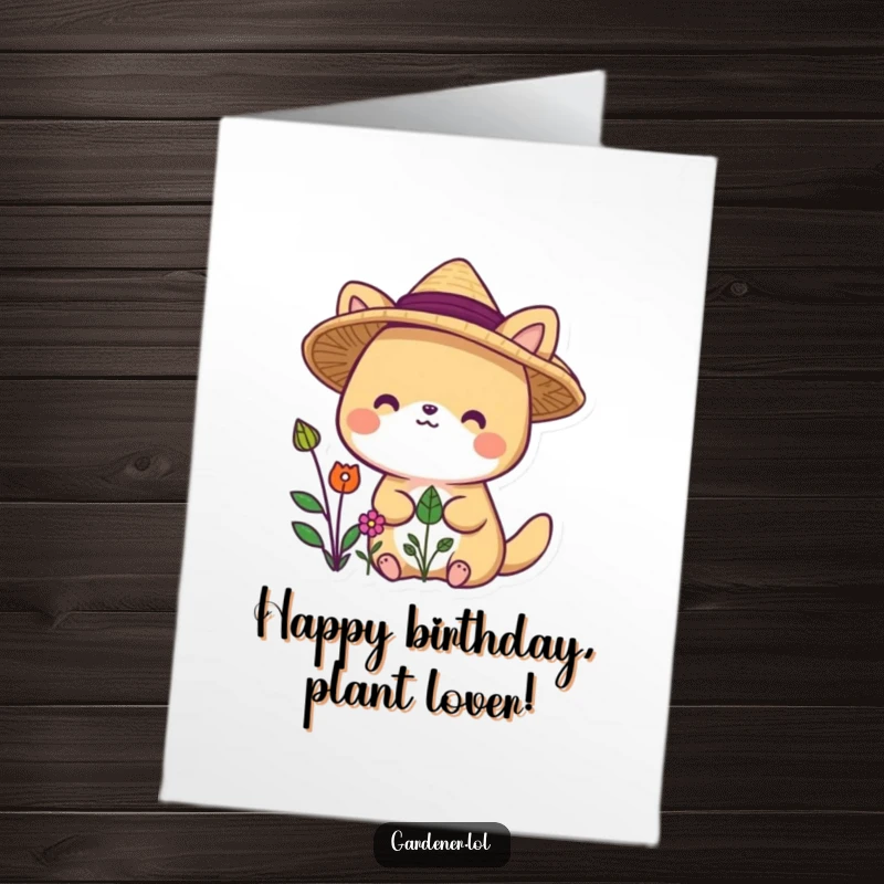 Funny Free Printable Birthday Card: Cute animal in a straw hat, delighted by flourishing plants, celebrating joyfully.