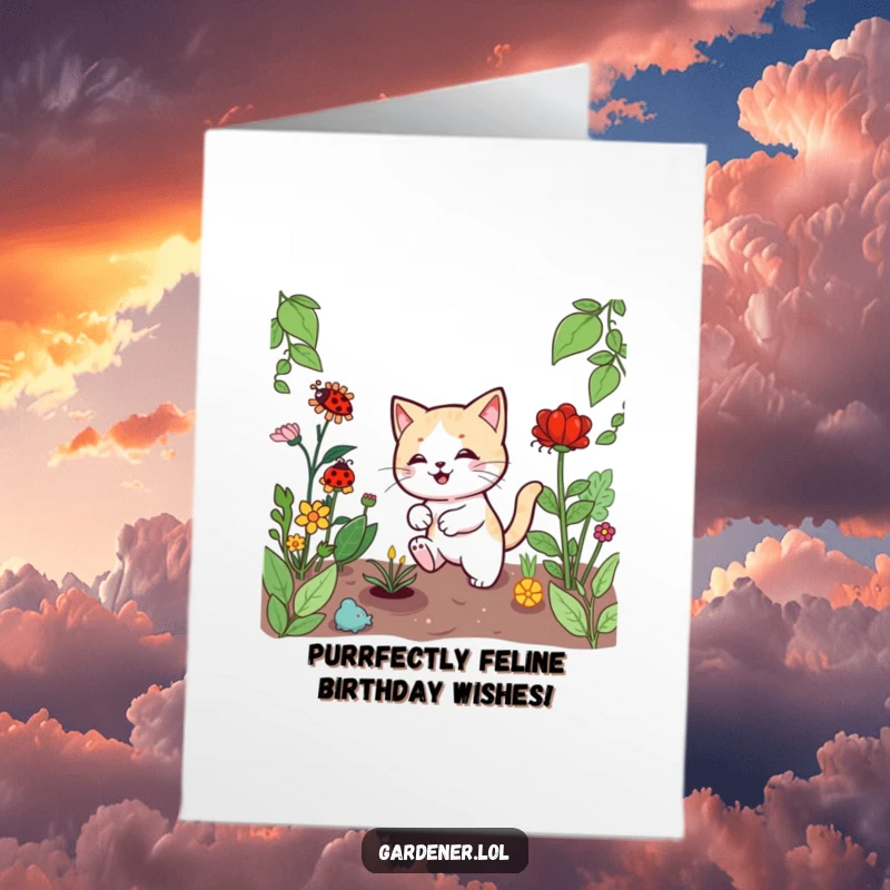 Funny Free Printable Birthday Card: Playful Kawaii cat gardener joyfully chasing a ladybug amongst vibrant plants.