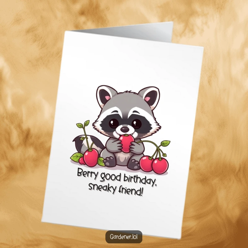 Funny Free Printable Birthday Card: Kawaii Raccoon gardener caught red-handed sneaking a juicy berry, a comical DIY gift.