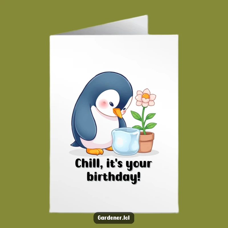 Free Printable Birthday Card: Penguin & Ice Flower, Funny Humorous DIY Gift