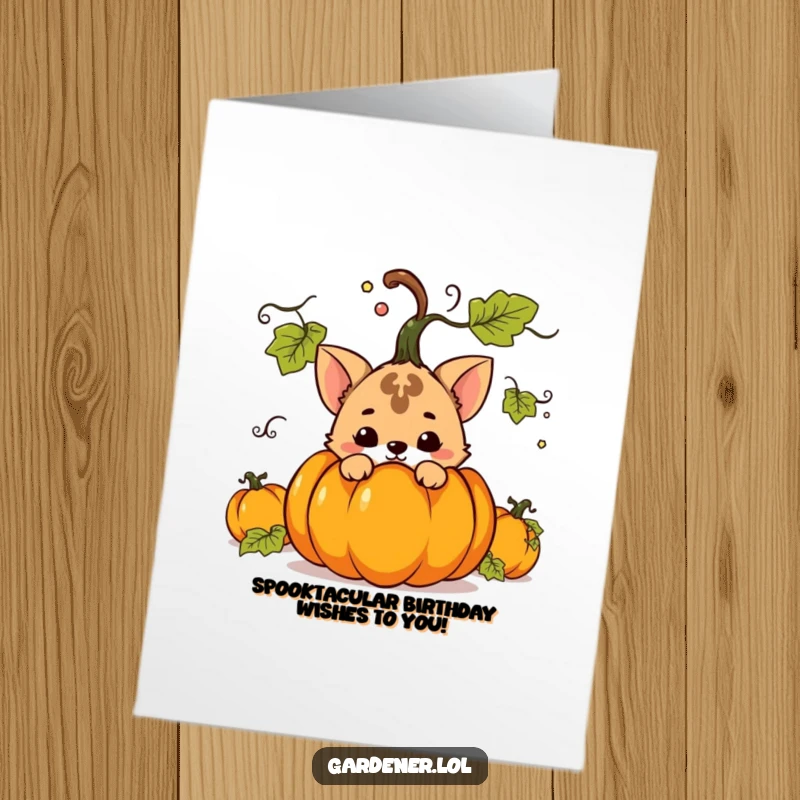 Funny free printable birthday card: a mischievous animal character peeks out from behind a large, grinning pumpkin.