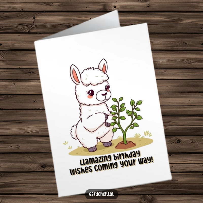 Funny Free Printable Llama Gardener Birthday Card, meticulously pruning a tiny tree, ready to deliver birthday cheer.