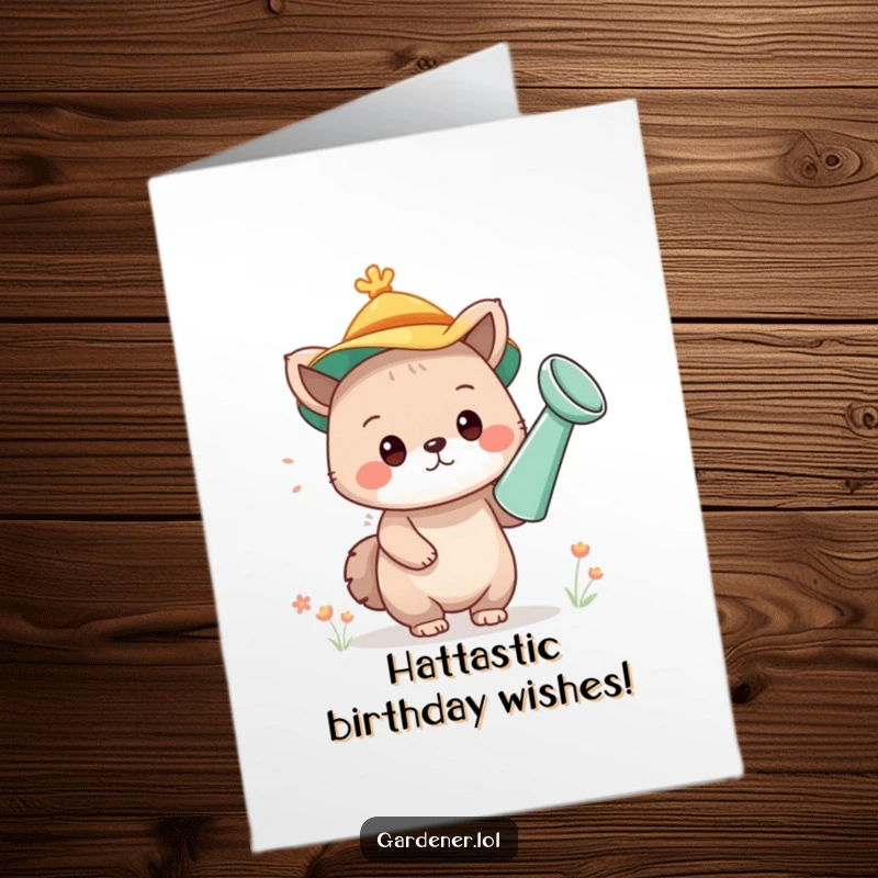 Funny Free Printable Birthday Card featuring a cute animal character humorously wearing a watering can as a hat for a DIY greeting.