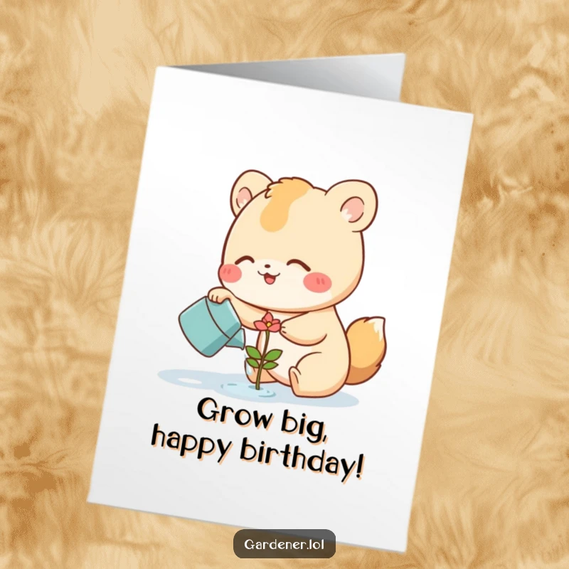 Funny free printable birthday card: a cute animal joyfully watering a tiny smiling flower sprout, wishing growth.