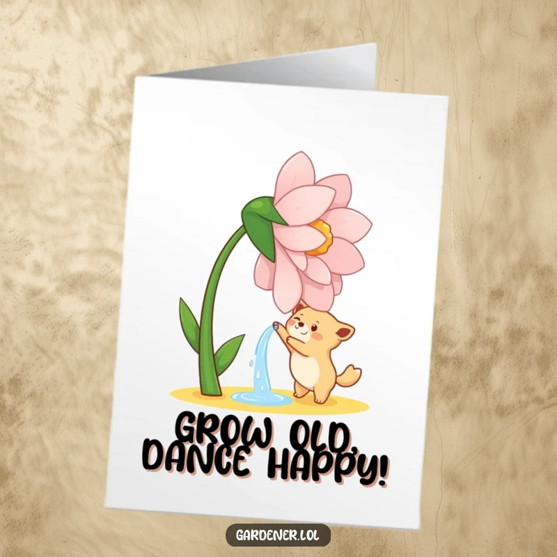 Funny Free Printable Birthday Card: Cute animal joyfully watering a giant dancing flower, a delightful downloadable gift.