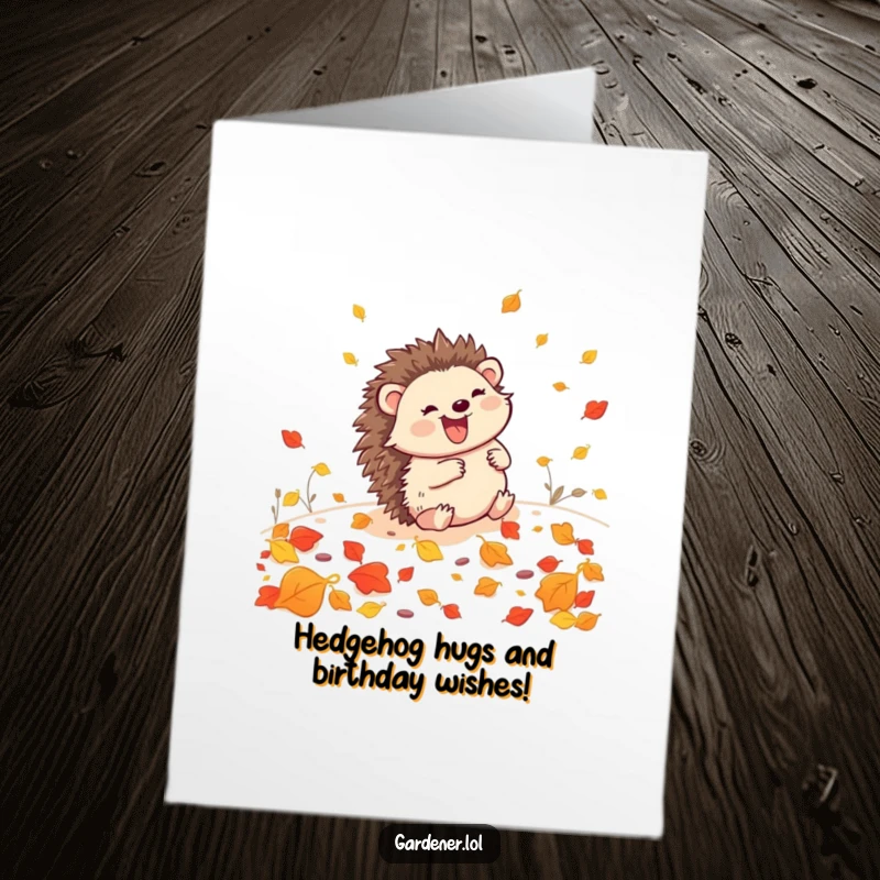 Funny Free Printable Hedgehog Gardener Birthday Card, joyfully rolling downhill amidst colorful fallen leaves, spreading birthday wishes.