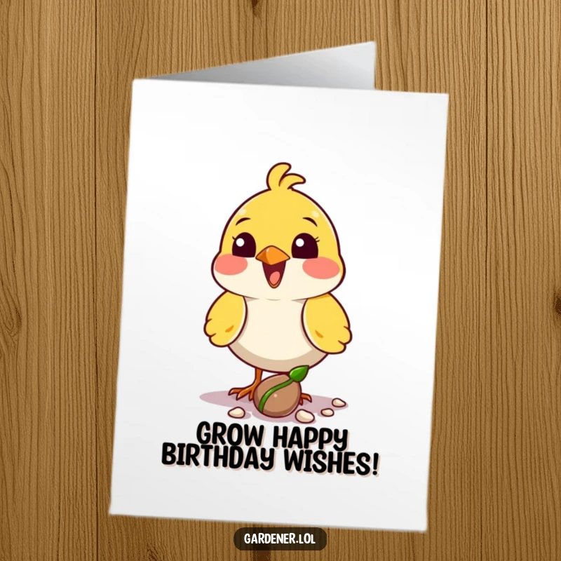 Funny Free Printable Birthday Card: Delighted bird plants a seed, symbolizing growth and joy.