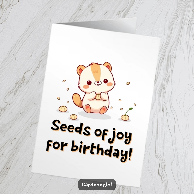 Funny Free Printable Birthday Card: A cute animal character playfully interacts with whimsical floating seeds.