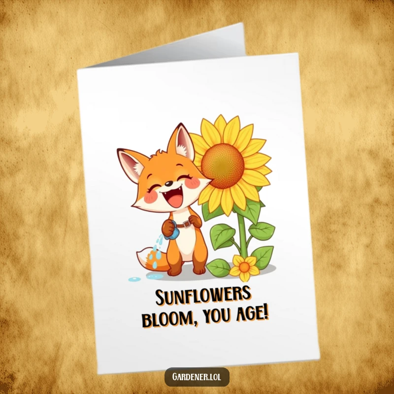 Funny Free Printable Birthday Card: Excited fox joyfully waters a massive sunflower, spreading birthday cheer with glee.