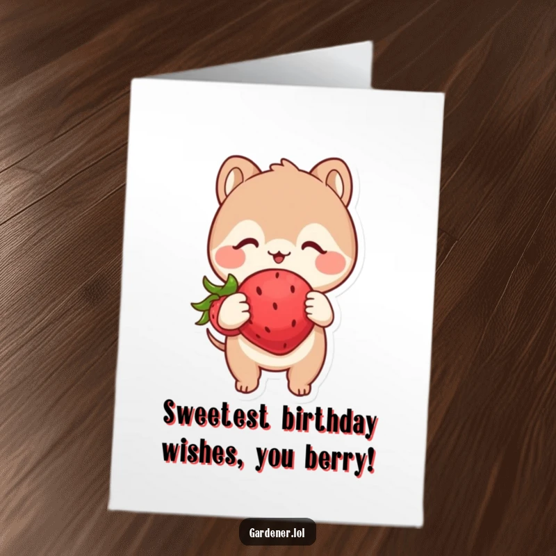 Funny Free Printable Birthday Card: Cute animal examining a plump, happy strawberry with immense glee, celebrating a birthday.