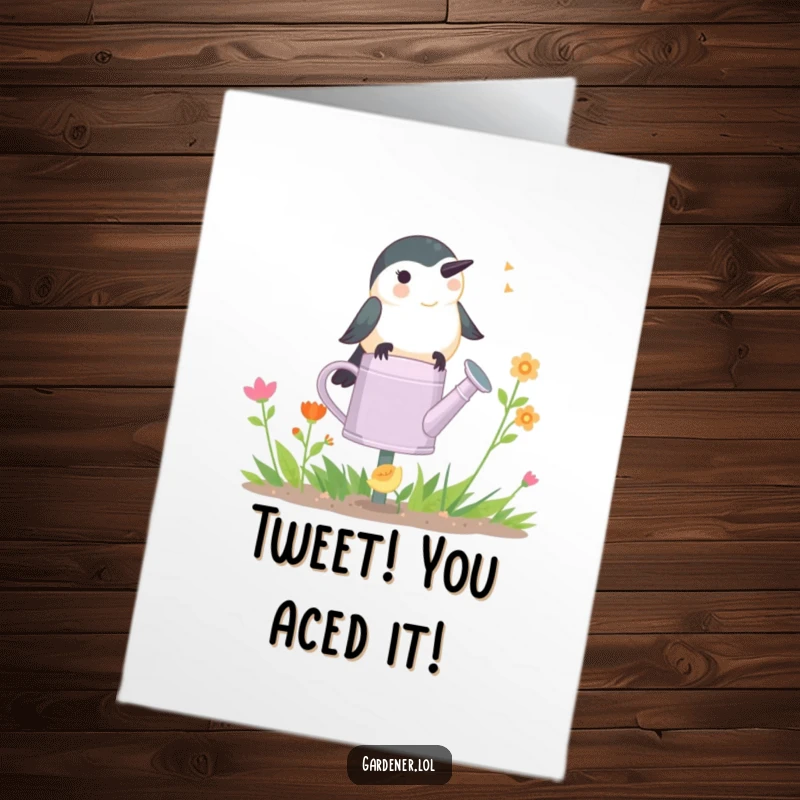 Funny Free Printable Chickadee Gardener Congratulations Card, chirping merrily on a watering can, celebrating your big win.