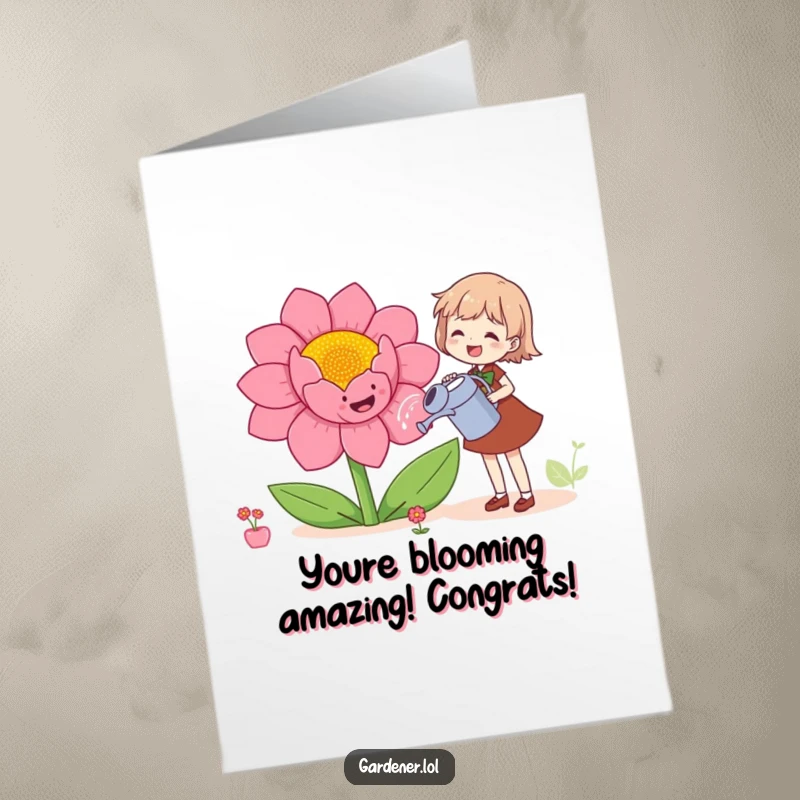 Funny free printable congratulations card showing a character watering a giant smiling flower, perfect for celebrating achievements.