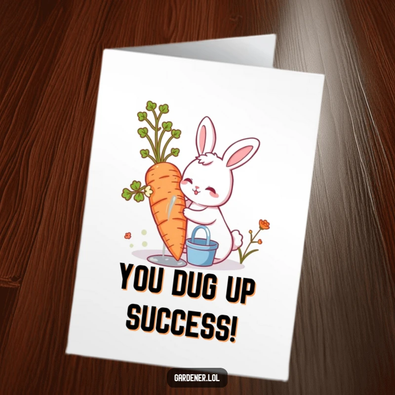 Funny Free Printable Congratulations Card: A cute bunny waters a giant carrot, celebrating a successful harvest.