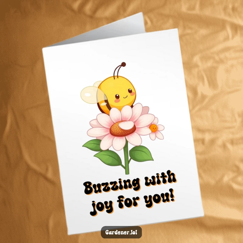 Funny Free Printable Congrats Card: Character imitating a busy bee, buzzing around a flower to celebrate good news.