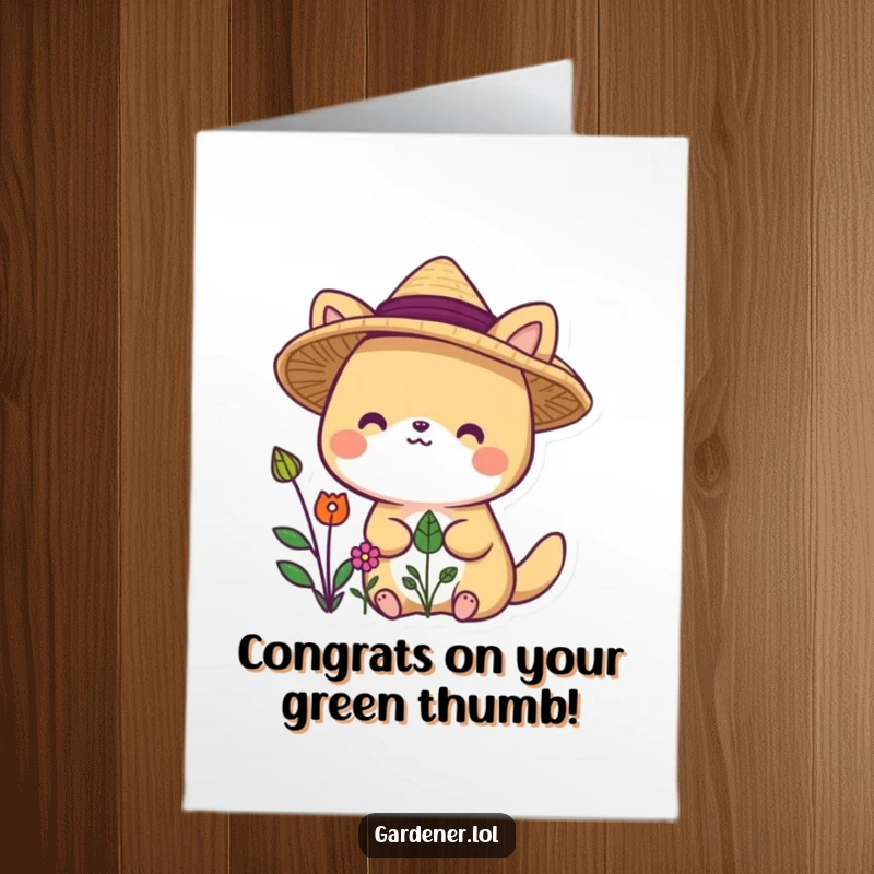 Funny Free Printable Congratulations Card: Cute animal in a straw hat, beaming with delight at thriving plants, celebrating success.