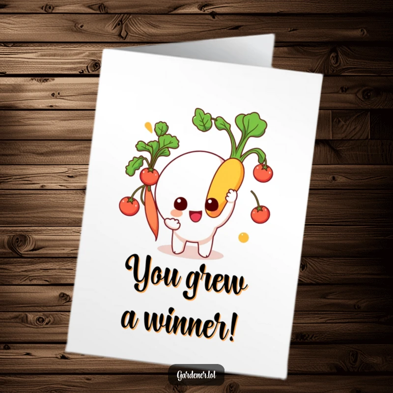 Funny Free Printable Congratulations Card: Character proudly displays a massive, freshly picked vegetable. Perfect downloadable art for winners.