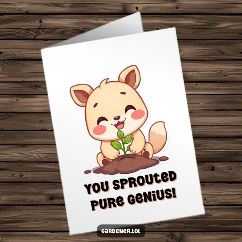 Funny Free Printable Congrats Card: A happy animal character plants a tiny seedling with a big smile, celebrating new beginnings.