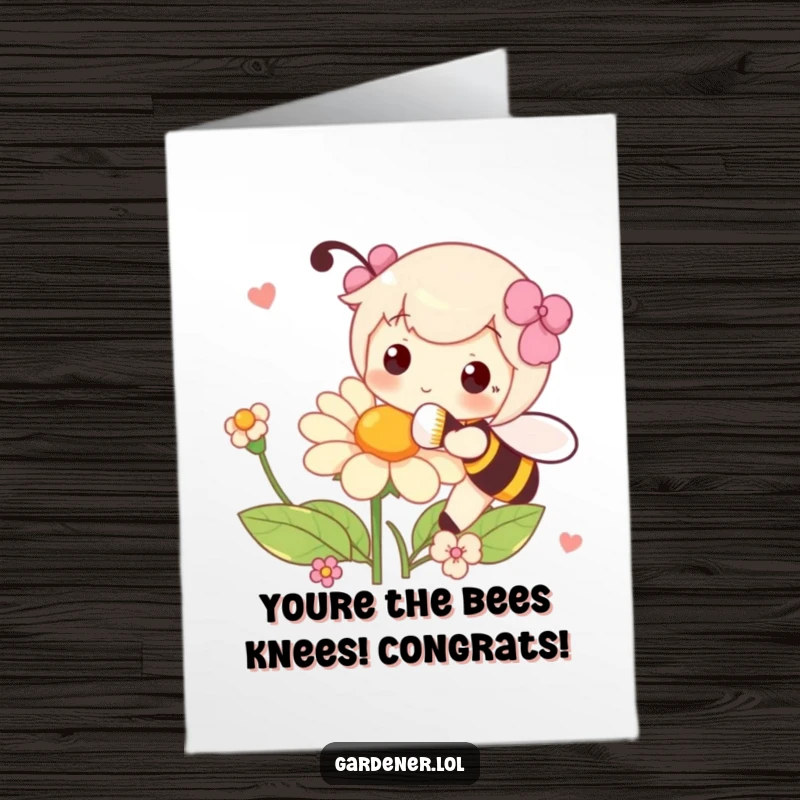 Funny free printable congratulations card showing a character pollinating a flower with a fluffy brush, celebrating growth.
