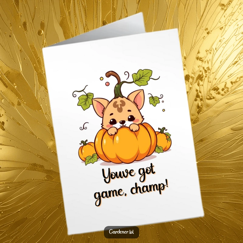Funny free printable congratulations card: a mischievous animal character hides behind a large pumpkin, celebrating a surprise win.