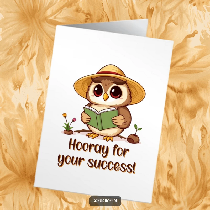 Funny Free Printable Congrats Card: Wise Kawaii owl gardener smiling, a gardening book nearby, celebrating success.
