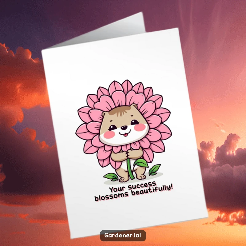 Funny Free Printable Congratulations Card: A cheerful animal gardener proudly presents a ridiculously large flower, celebrating a magnificent achievement.