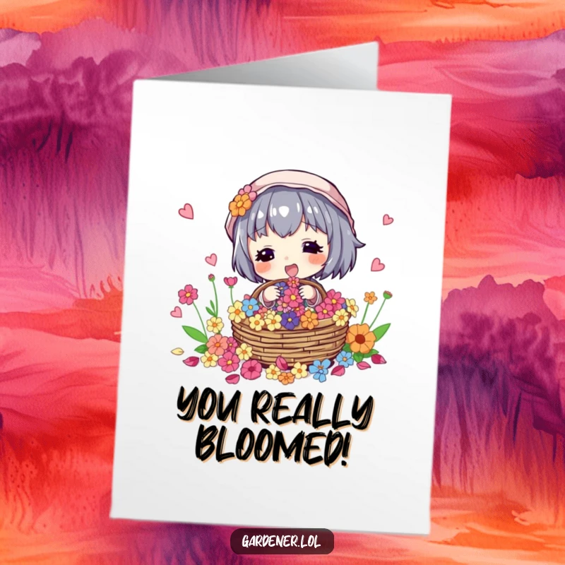 Funny Free Printable Congratulations Card: Character excitedly collects colorful flower petals in a basket, celebrating.