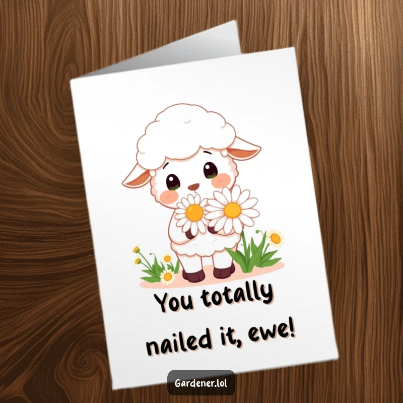 Funny Free Printable Congratulations Card: Cheerful Kawaii Sheep gardener smelling a huge daisy, a joyful downloadable for any win.