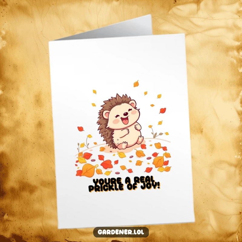 Funny Free Printable Hedgehog Gardener Congratulations Card, happily tumbling downhill with leaves, cheering on your success.