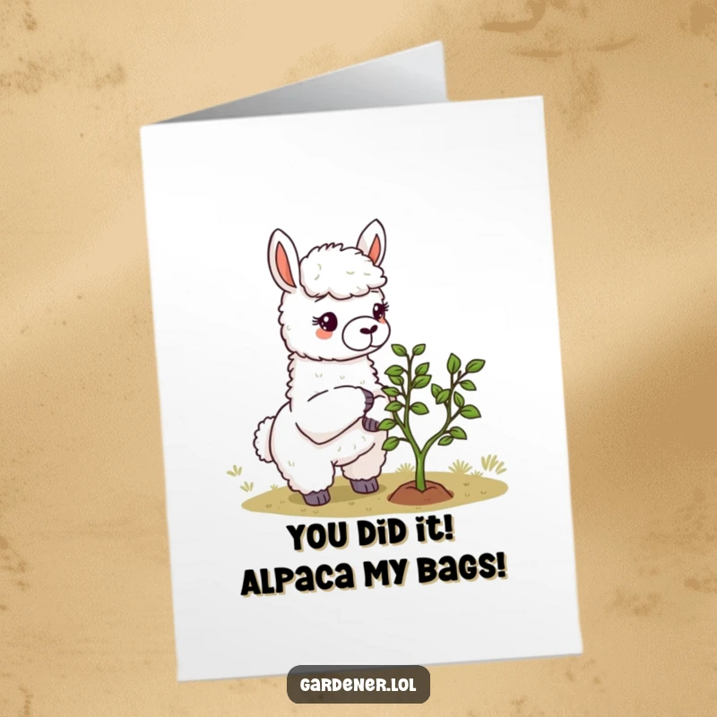 Funny Free Printable Llama Gardener Congratulations Card, calmly tending a miniature tree, celebrating your big win.
