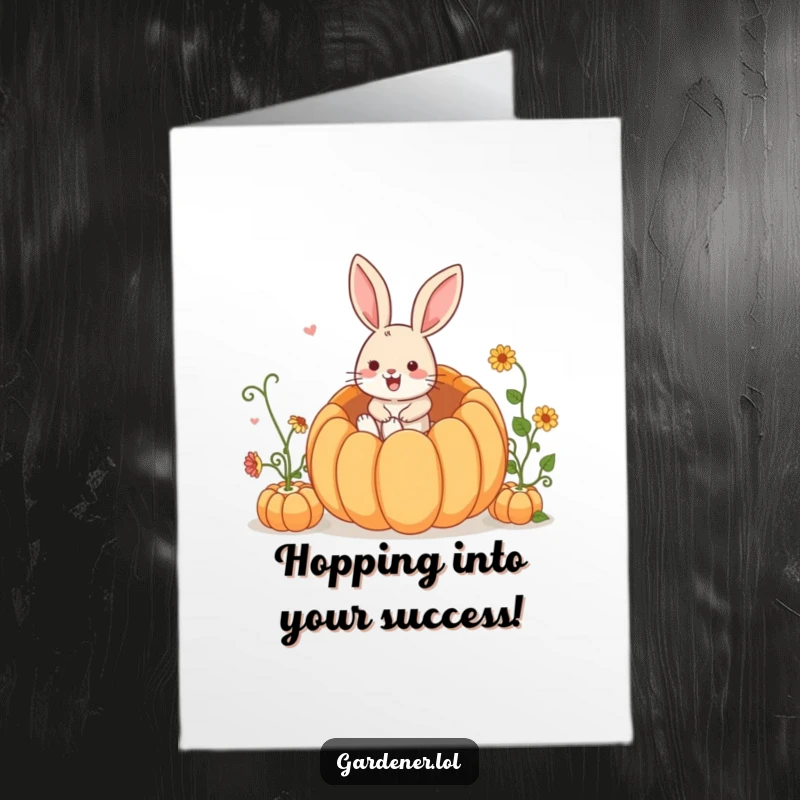 Funny Free Printable Congratulations Card: A happy rabbit joyfully dives into a giant pumpkin, celebrating success!