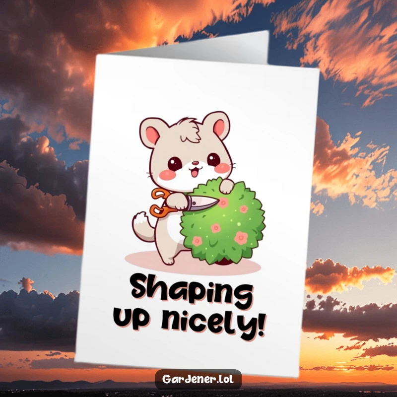 Funny Free Printable Congrats Card: Cheerful animal using tiny shears to prune a bush, symbolizing growth and happy achievements.