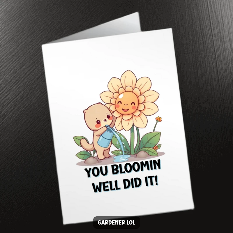 Funny Free Printable Congrats Card: Cute animal enthusiastically waters a huge smiling flower, celebrating success.