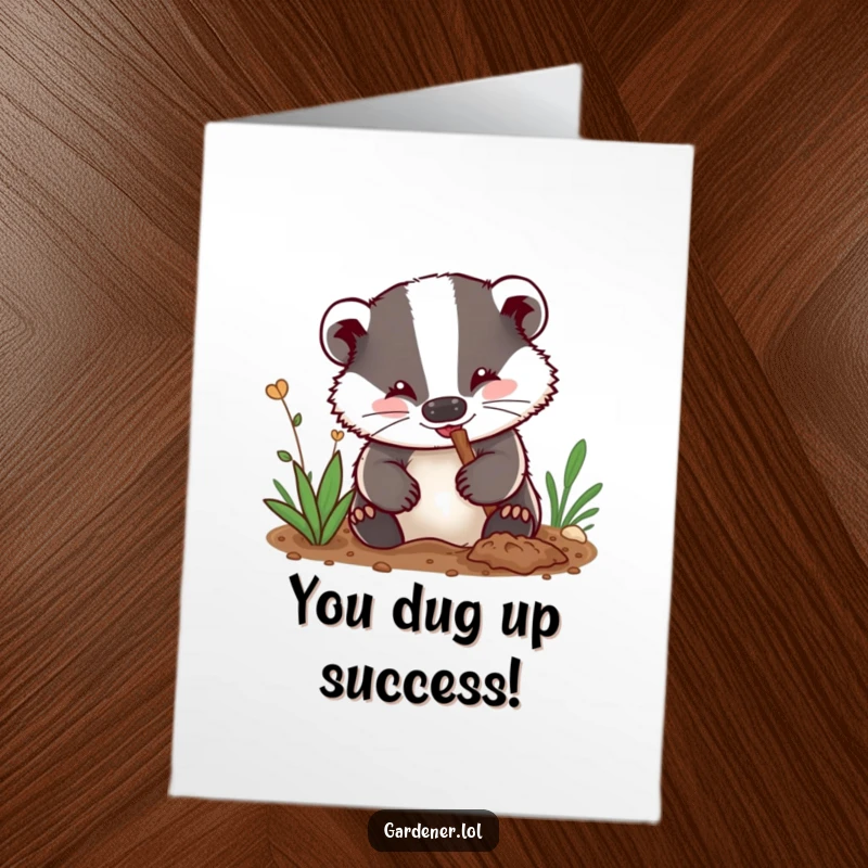 Funny Free Printable Congratulations Card: A delighted badger gardener enthusiastically digs, celebrating a hard-earned success with muddy paws.