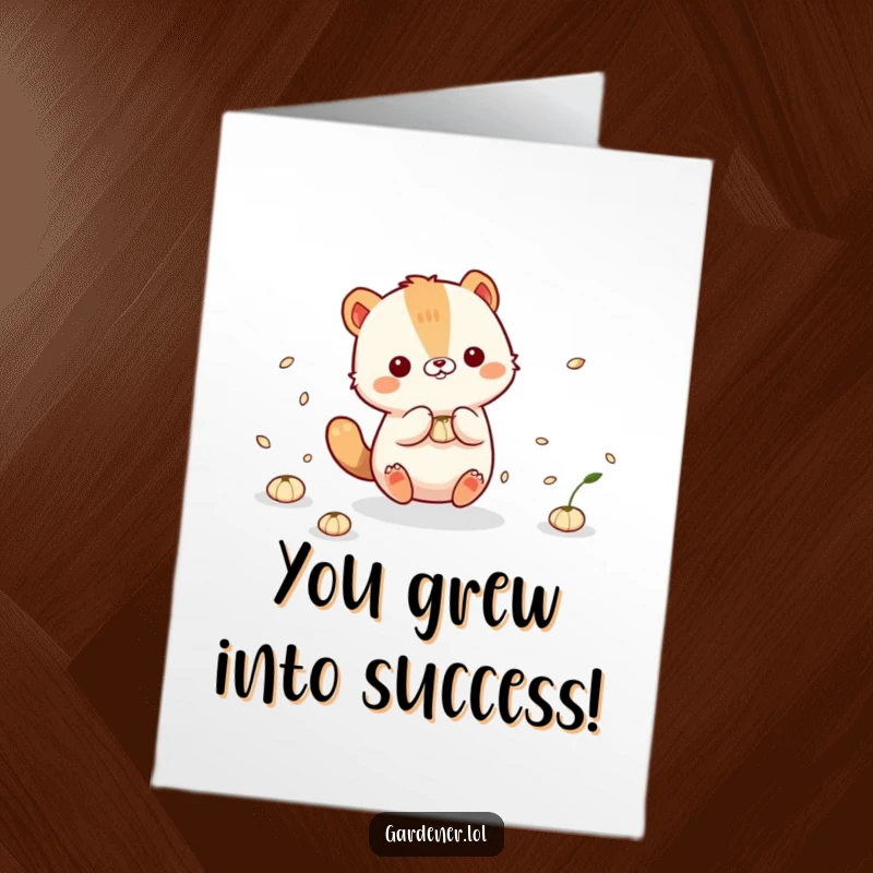 Funny Free Printable Congratulations Card: A cute animal character joyfully plays with a shower of floating seeds.