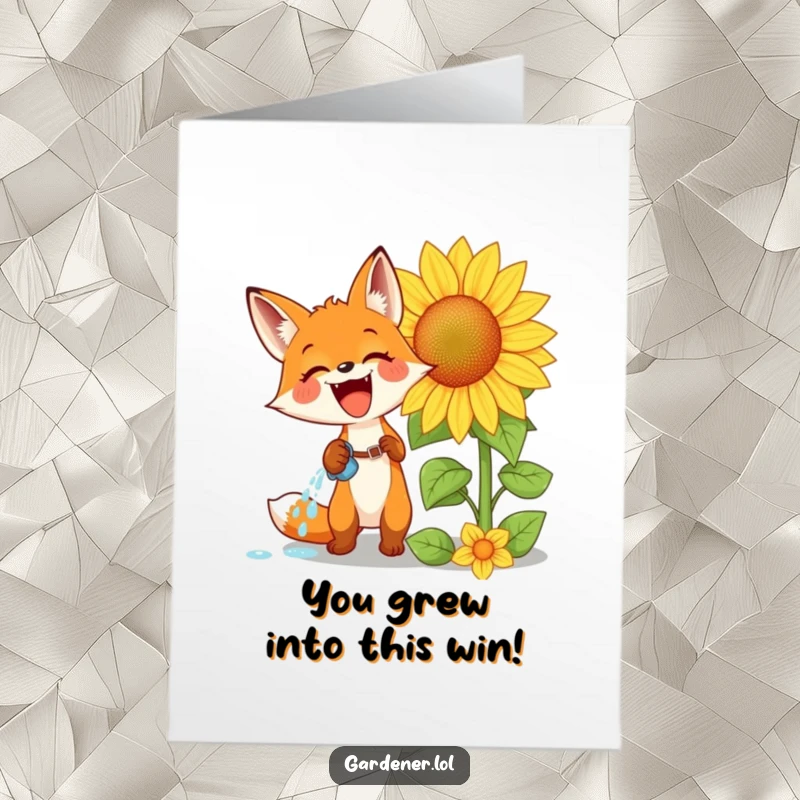 Funny Free Printable Congrats Card: Gleeful fox waters a giant sunflower, celebrating success with infectious enthusiasm.