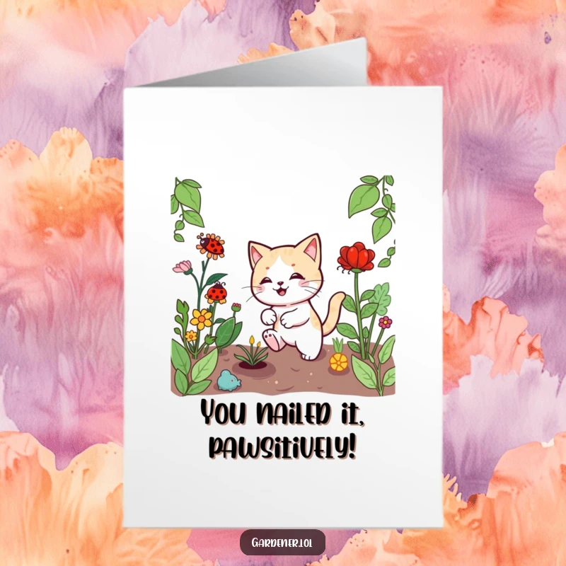 Funny Free Printable Congrats Card: Excited Kawaii cat gardener celebrating a garden success, ladybug nearby.